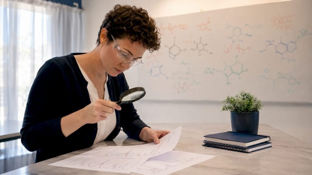Scientist analyzing asymmetric spectroscopy data