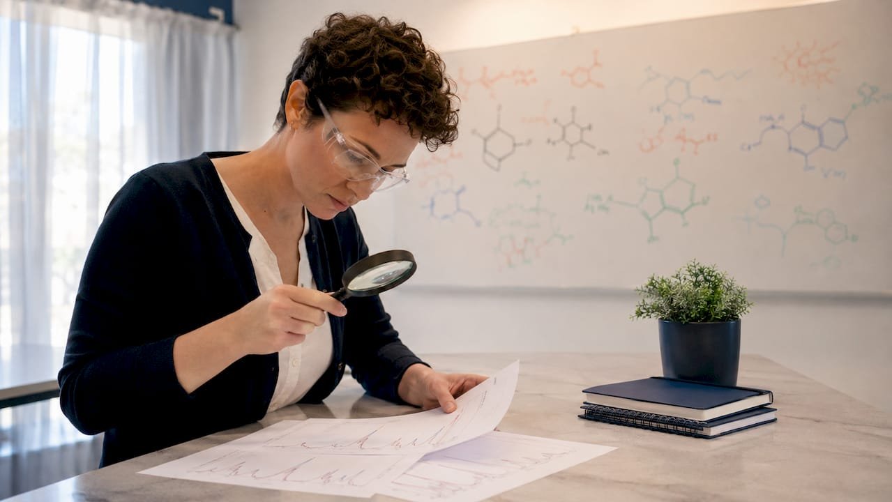 Scientist analyzing asymmetric spectroscopy data