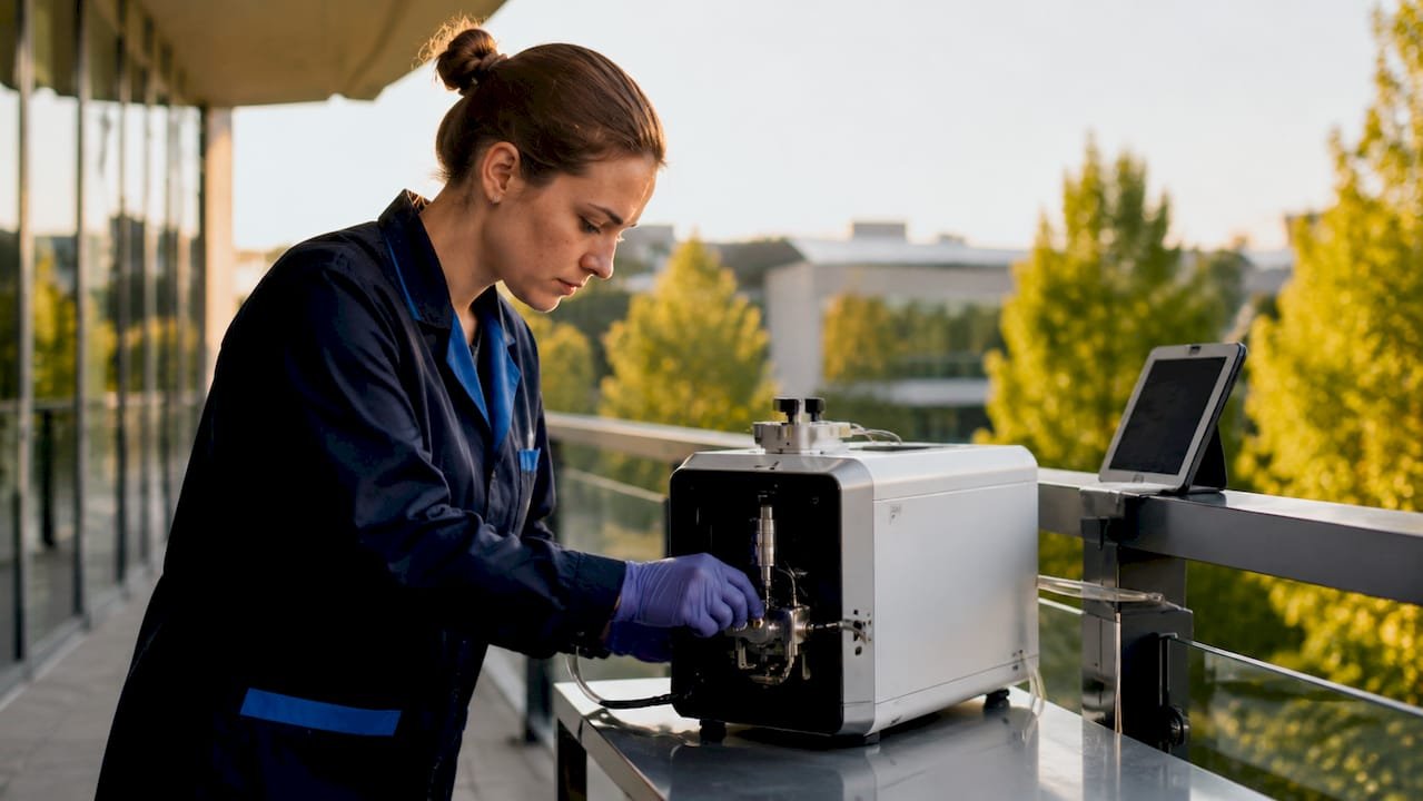Scientist preparing mass spectrometer in lab