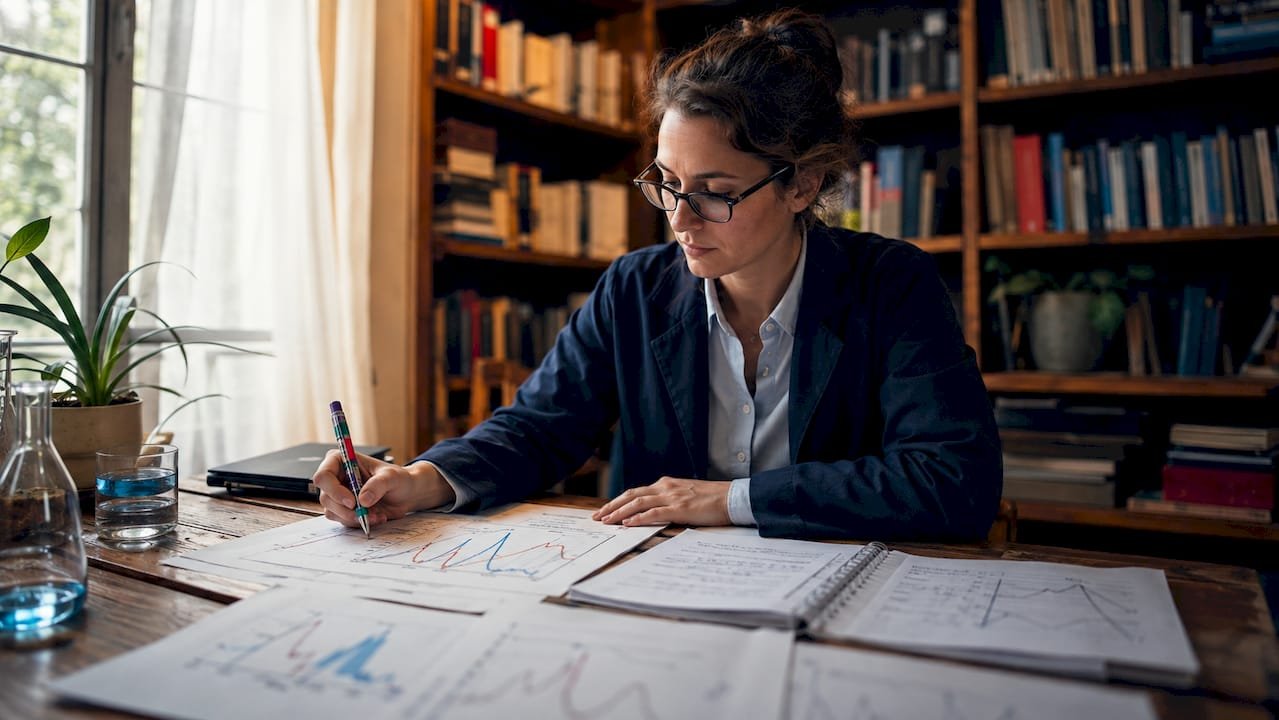 Scientist analyzing printed spectral data graphs