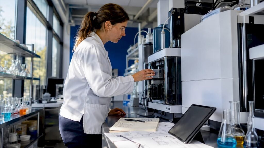 Researcher working with mass spectrometry equipment
