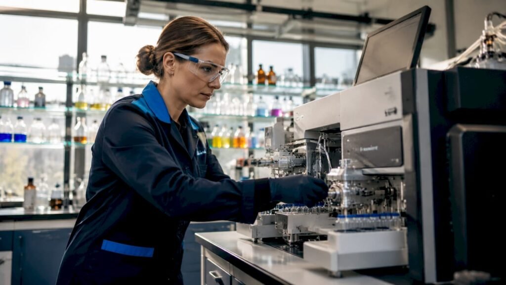 Chemist operating mass spectrometer in lab