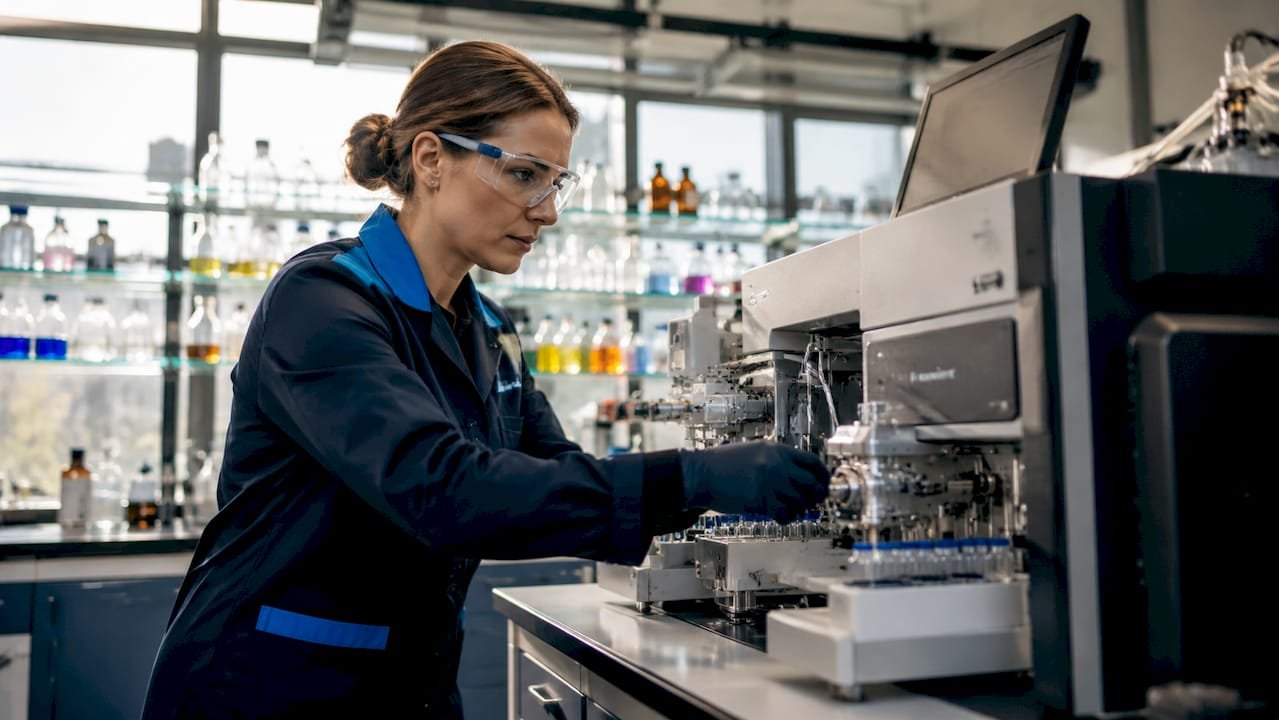 Chemist operating mass spectrometer in lab
