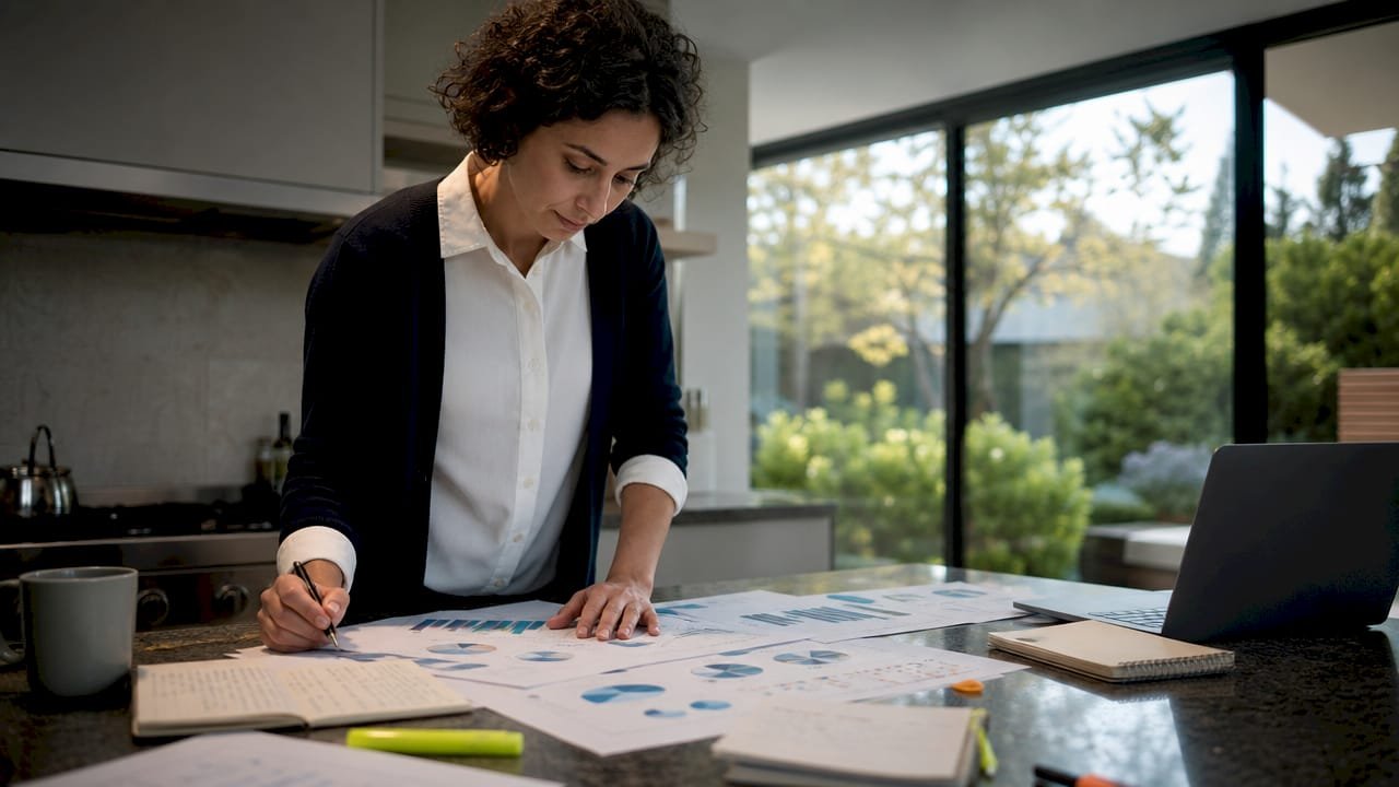 Researcher reviewing printed statistical data