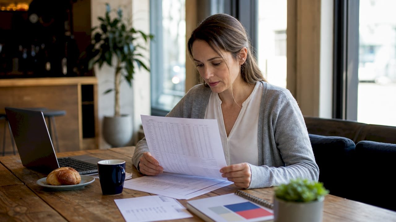 Data scientist reviewing printed statistical data at desk