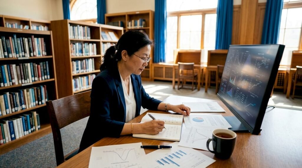 Woman working Monte Carlo simulation at home office