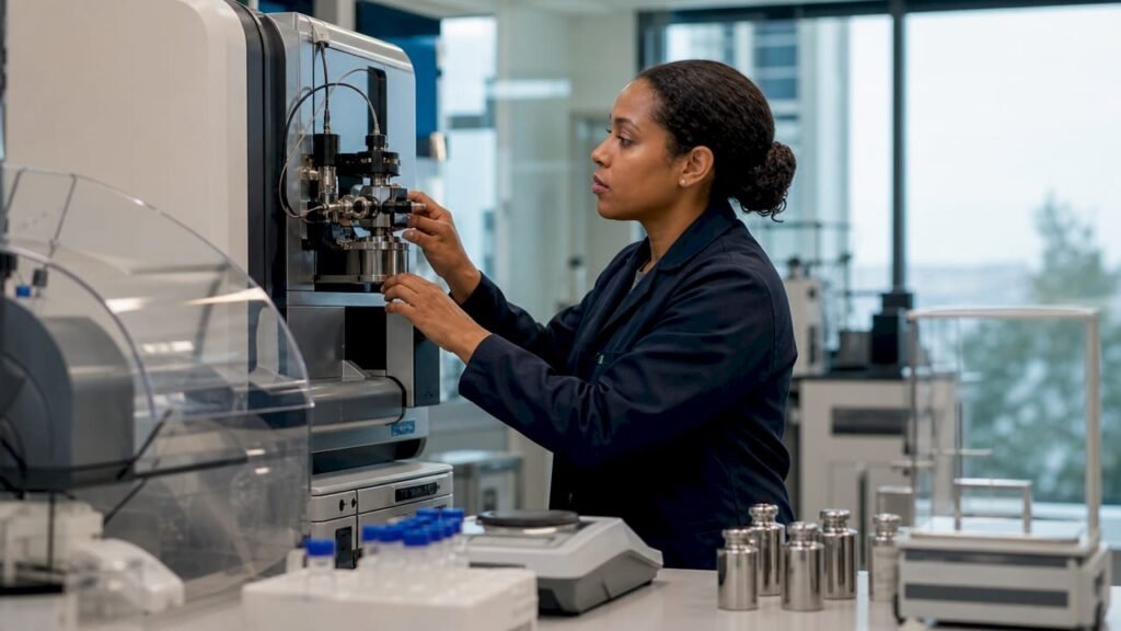 Lab technician operating mass spectrometer