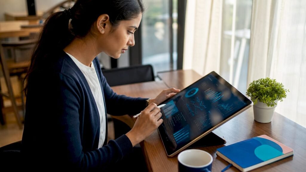 Data analyst working on data visualization at home