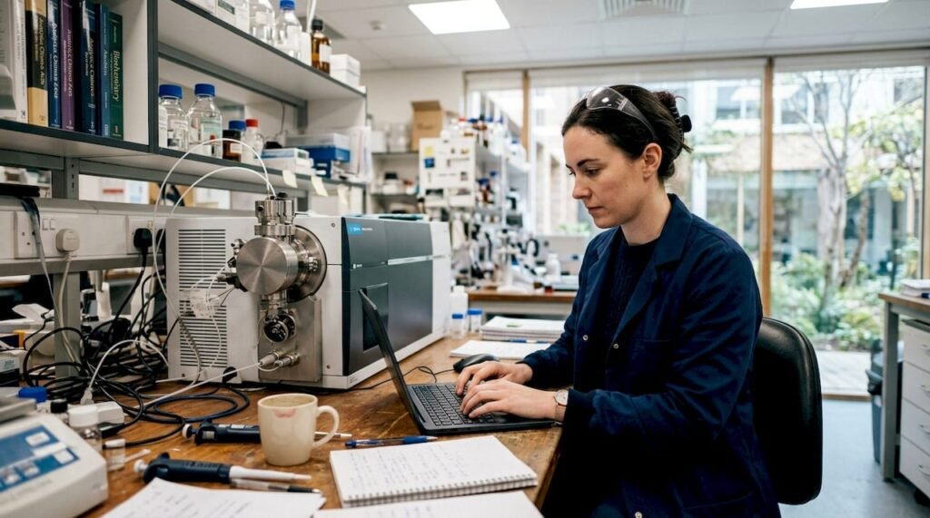 Scientist working with mass spectrometry data in lab