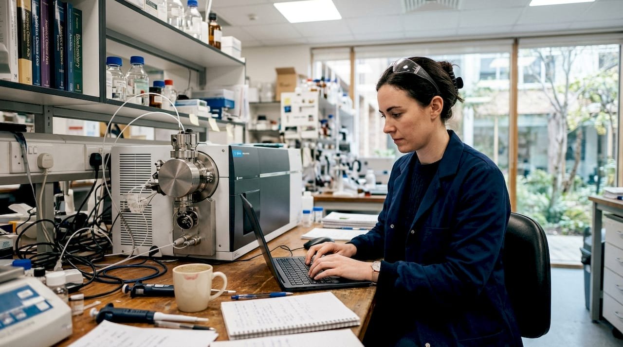 Scientist working with mass spectrometry data in lab