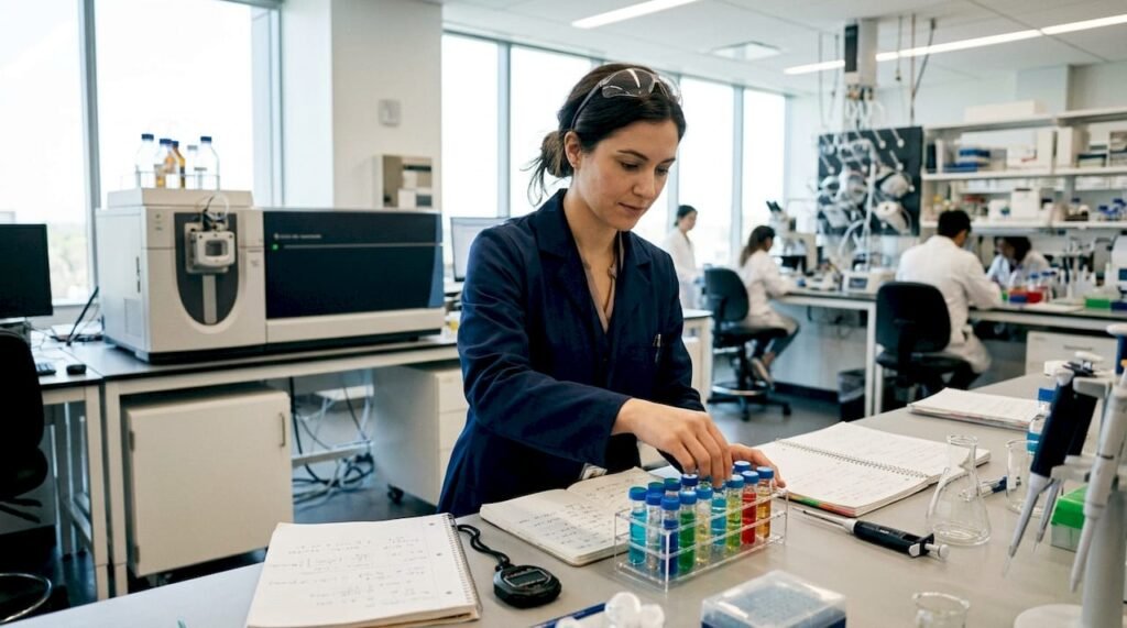 Scientist operating high-resolution mass spectrometer
