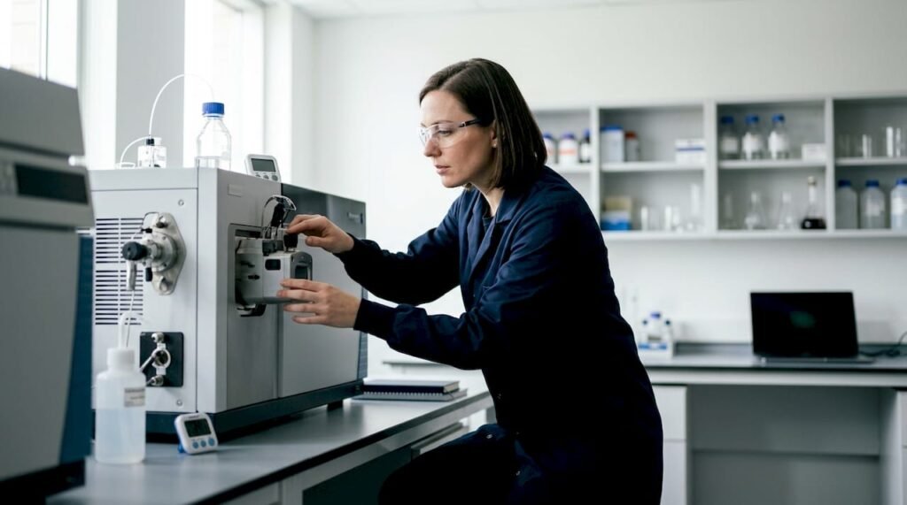 Scientist operating mass spectrometry instrument