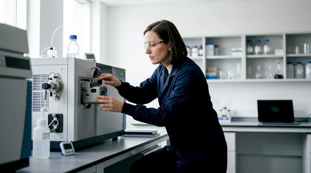 Scientist operating mass spectrometry instrument