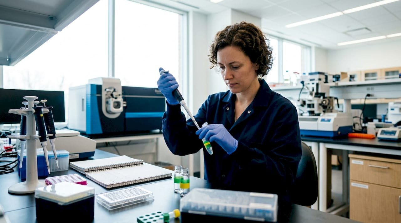 Scientist preparing sample with internal standards in mass spec lab