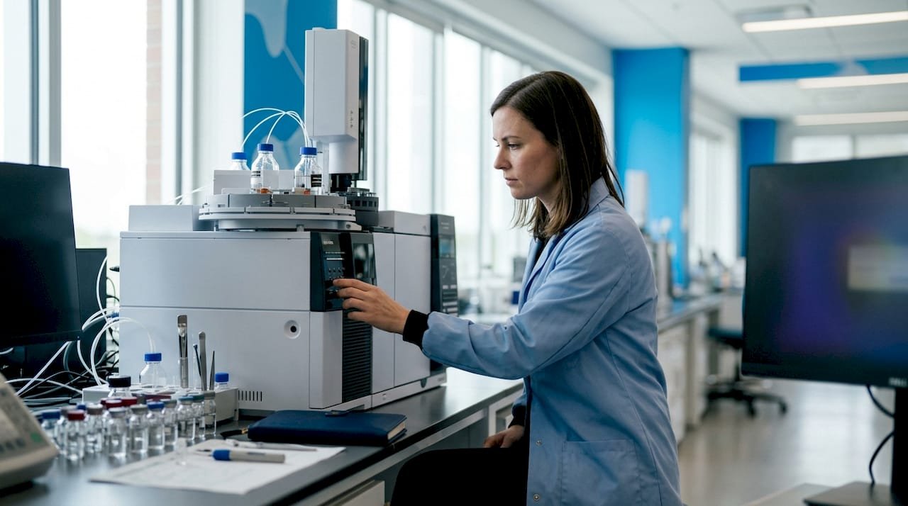 Researcher operating mass spectrometer equipment