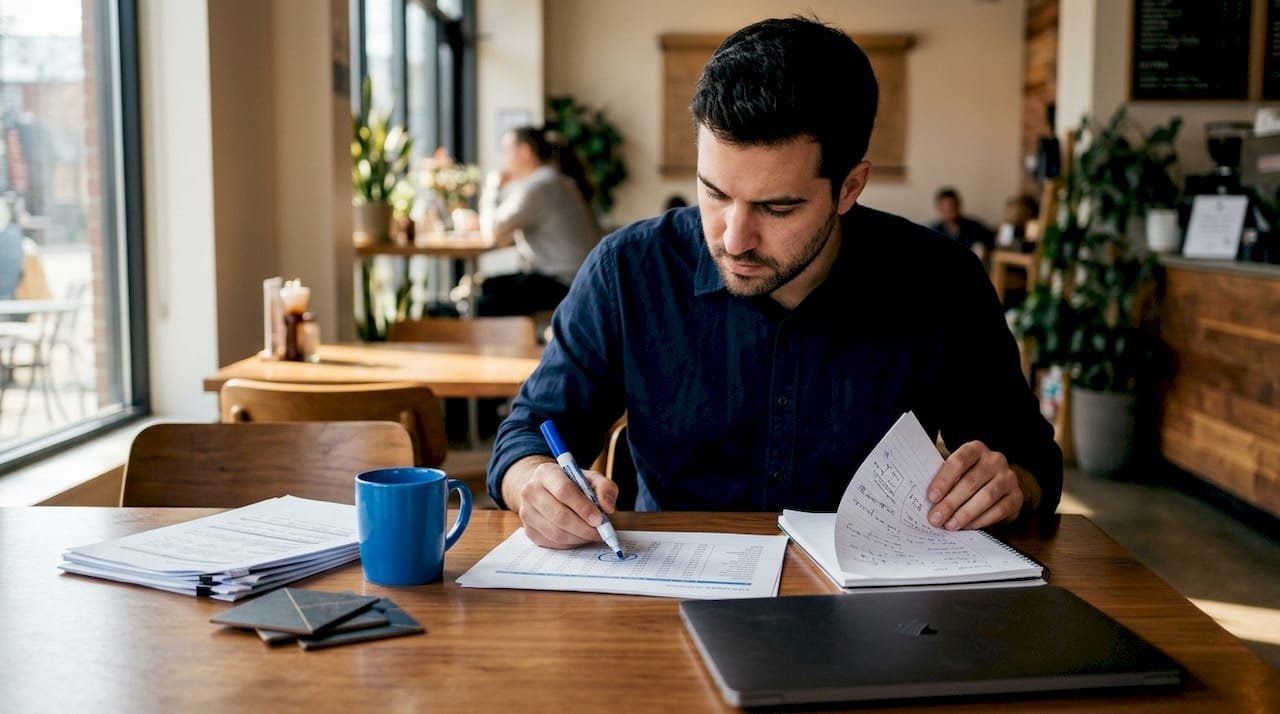 Data analyst reviewing printed statistical data