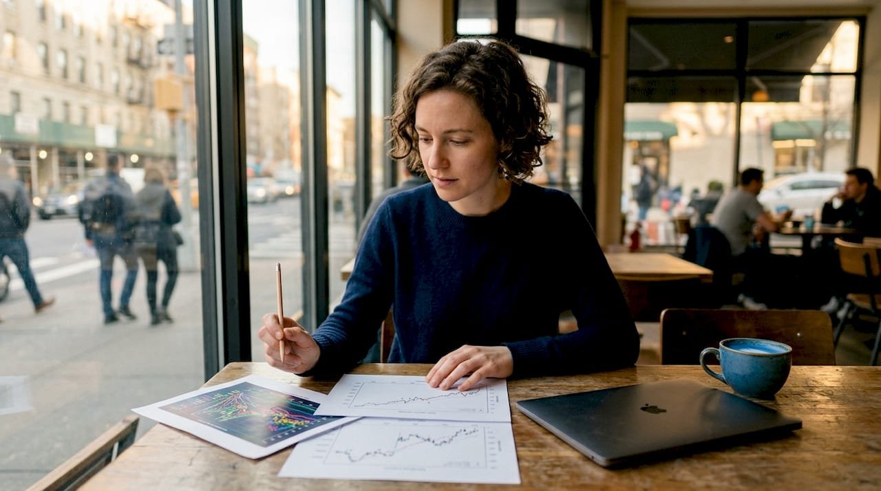 Statistician studying printed data graphs at desk