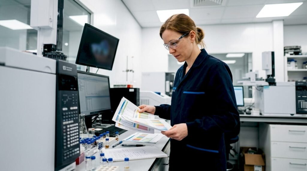 Chemist analyzing chromatography data printouts in laboratory