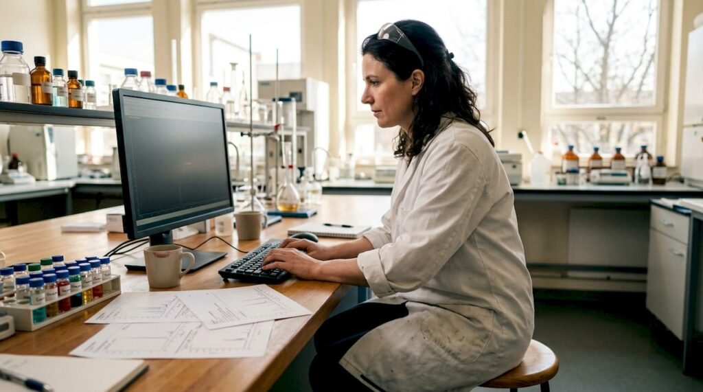 Analytical chemist using chromatography software at lab desk