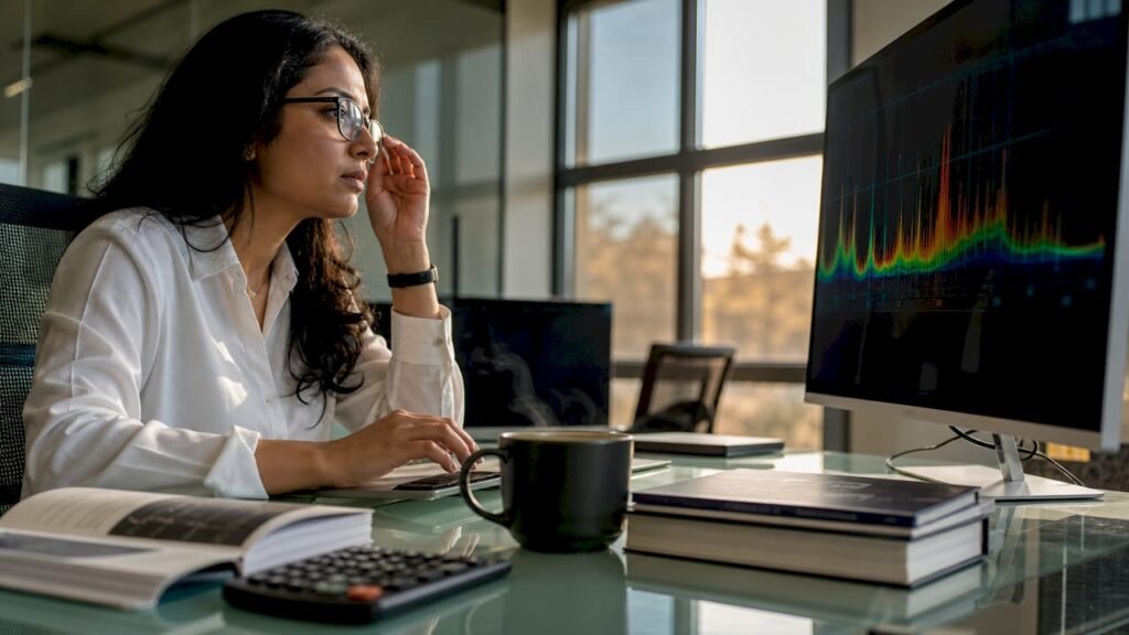 Data scientist reviewing spectral data at desk