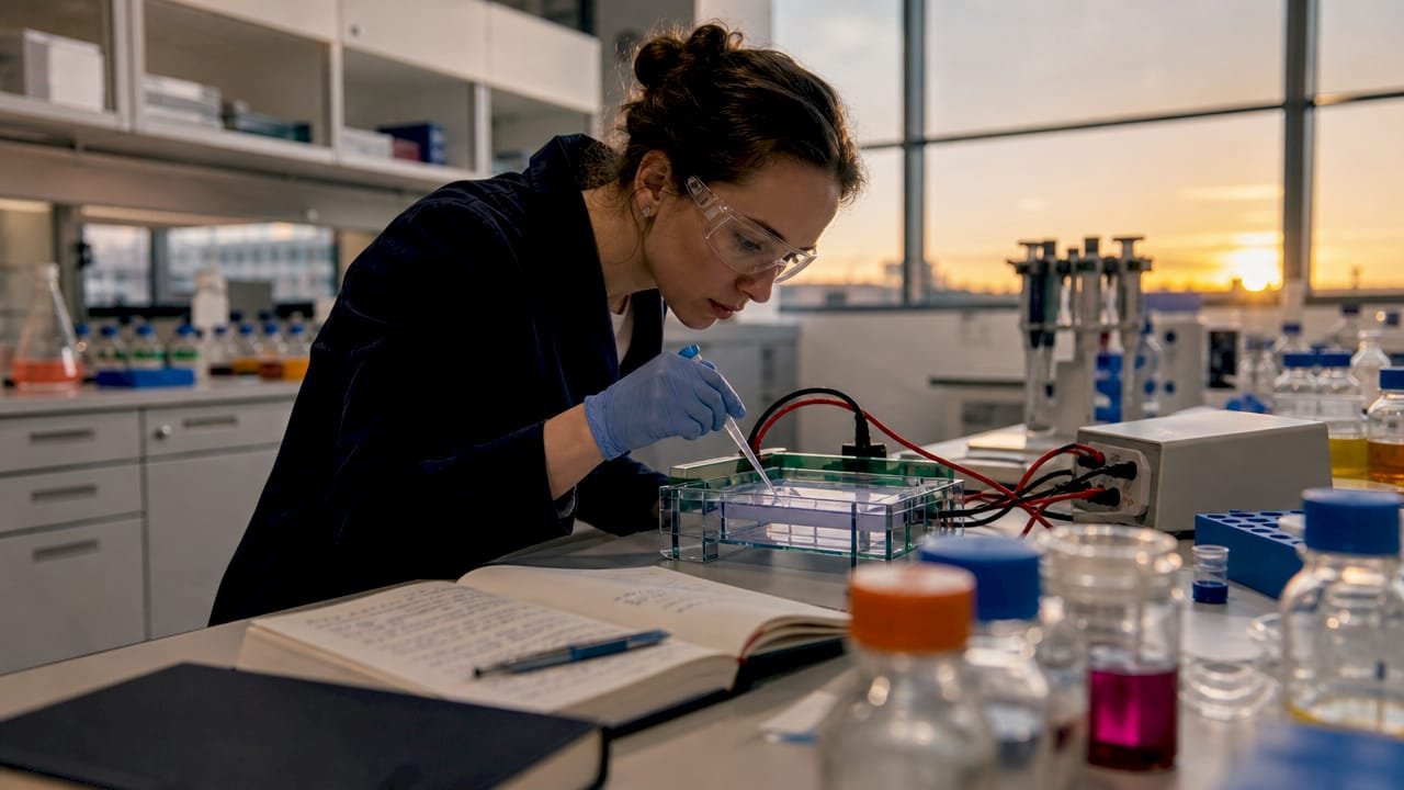Scientist working on agarose gel electrophoresis setup